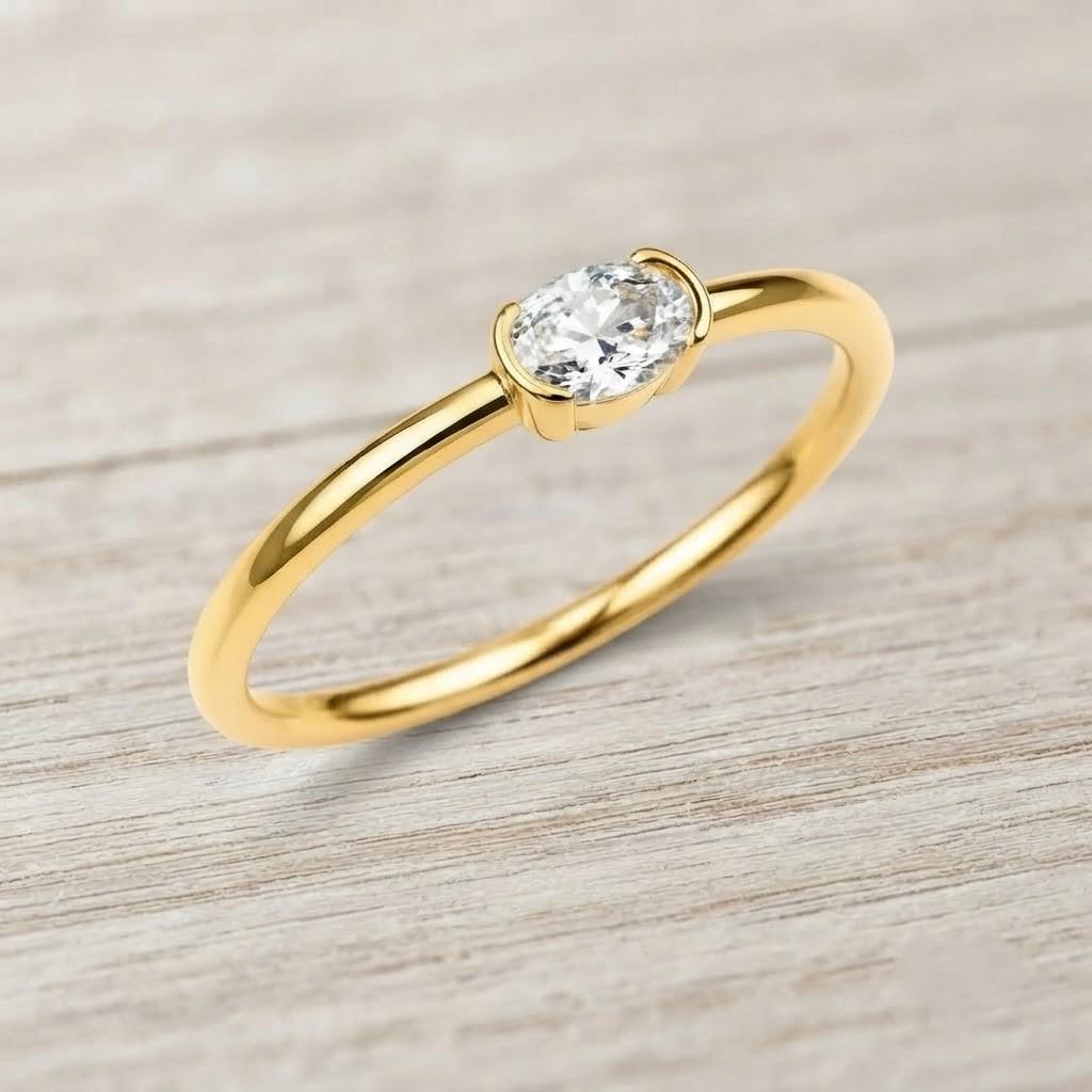 Lab Grown Diamond Pinky Ring, Gold Dainty Half Bezel Modern Thin Jewelry Oval Rings Fine - view 3