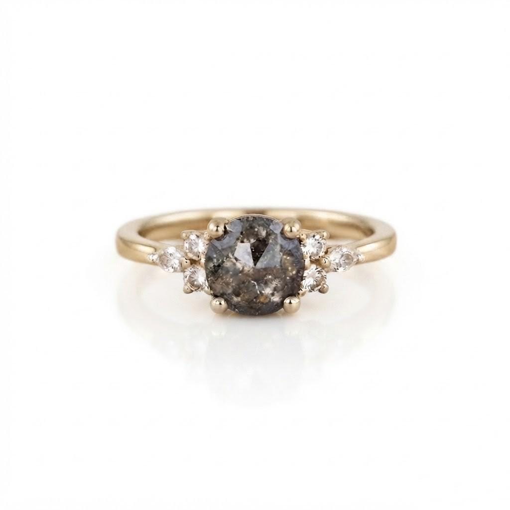 Salt And Pepper Diamond Engagement Ring, Lab Grown Diamond 14K Gold Art Deco Pinky Promise Dainty