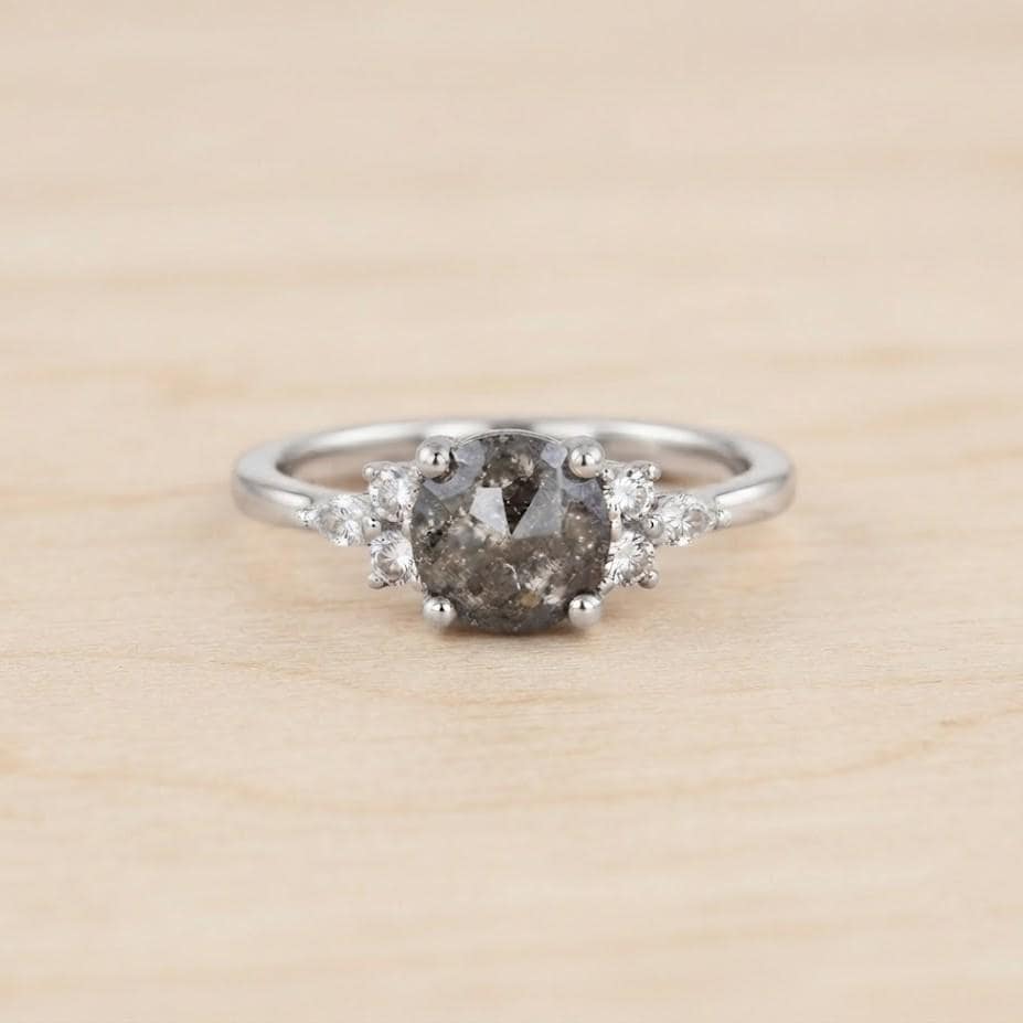 Salt And Pepper Diamond Engagement Ring, Lab Grown Diamond 14K Gold Art Deco Pinky Promise Dainty - view 4
