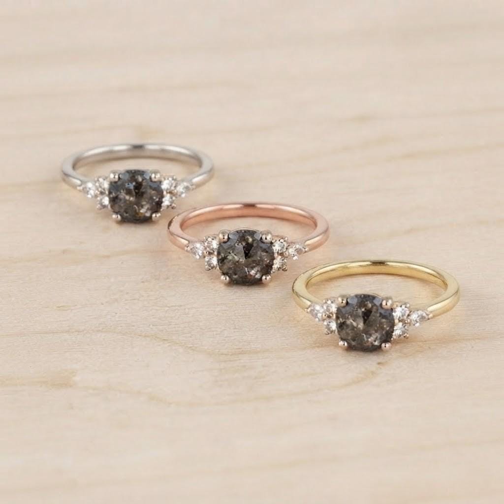 Salt And Pepper Diamond Engagement Ring, Lab Grown Diamond 14K Gold Art Deco Pinky Promise Dainty - view 6