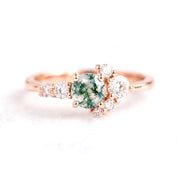 Moss Agate Engagement Ring with Diamond Cluster, 5mm Round, 9K 14K 18K Gold