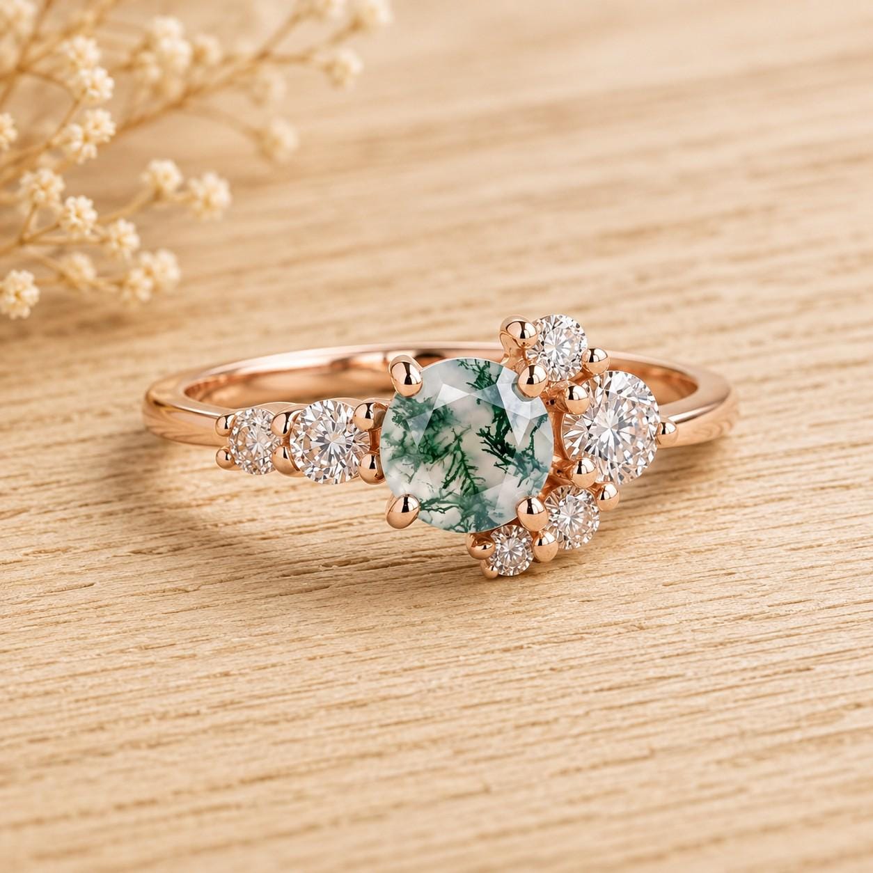 Moss Agate Engagement Ring with Diamond Cluster, 5mm Round, 9K 14K 18K Gold - view 2