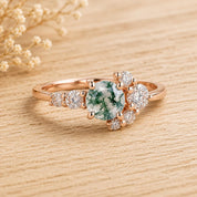 Moss Agate Engagement Ring with Diamond Cluster, 5mm Round, 9K 14K 18K Gold - view 2