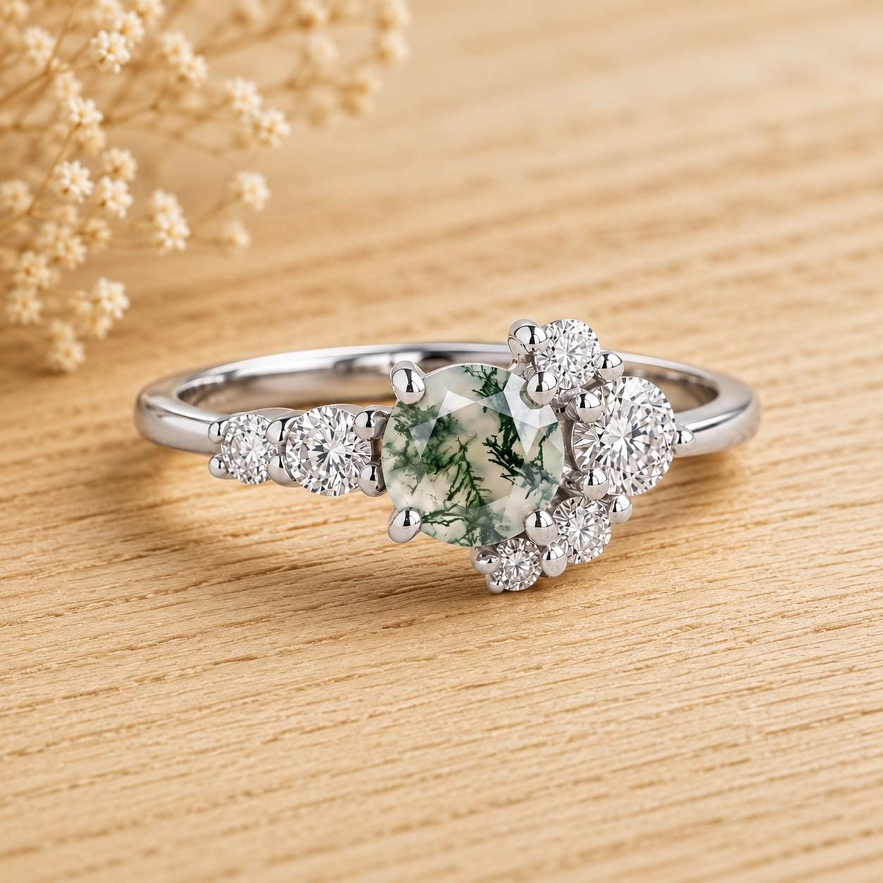 Moss Agate Engagement Ring with Diamond Cluster, 5mm Round, 9K 14K 18K Gold - view 3