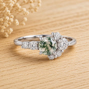 Moss Agate Engagement Ring with Diamond Cluster, 5mm Round, 9K 14K 18K Gold - view 3