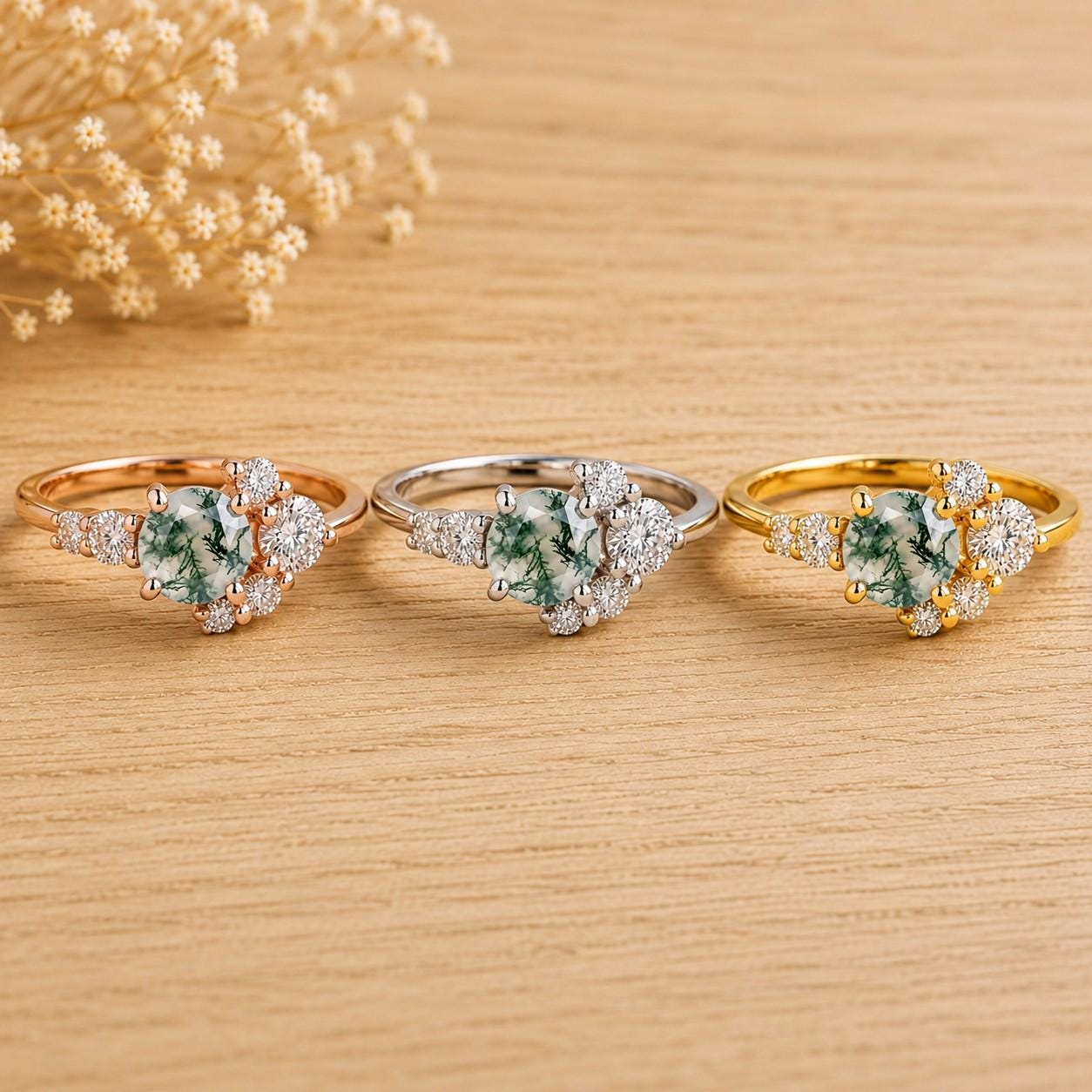 Moss Agate Engagement Ring with Diamond Cluster, 5mm Round, 9K 14K 18K Gold - view 4