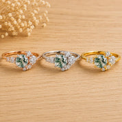Moss Agate Engagement Ring with Diamond Cluster, 5mm Round, 9K 14K 18K Gold - view 4