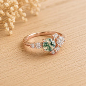 Moss Agate Engagement Ring with Diamond Cluster, 5mm Round, 9K 14K 18K Gold - view 5
