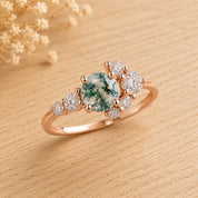Moss Agate Engagement Ring with Diamond Cluster, 5mm Round, 9K 14K 18K Gold - view 6