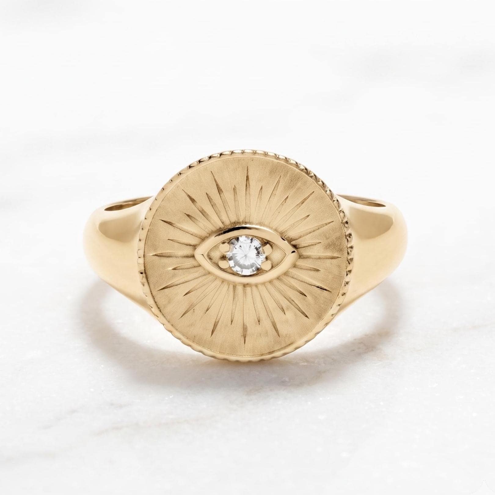 14K Gold Diamond Evil Eye Signet Ring for Women, Celestial Sunburst Design