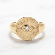 14K Gold Diamond Evil Eye Signet Ring for Women, Celestial Sunburst Design