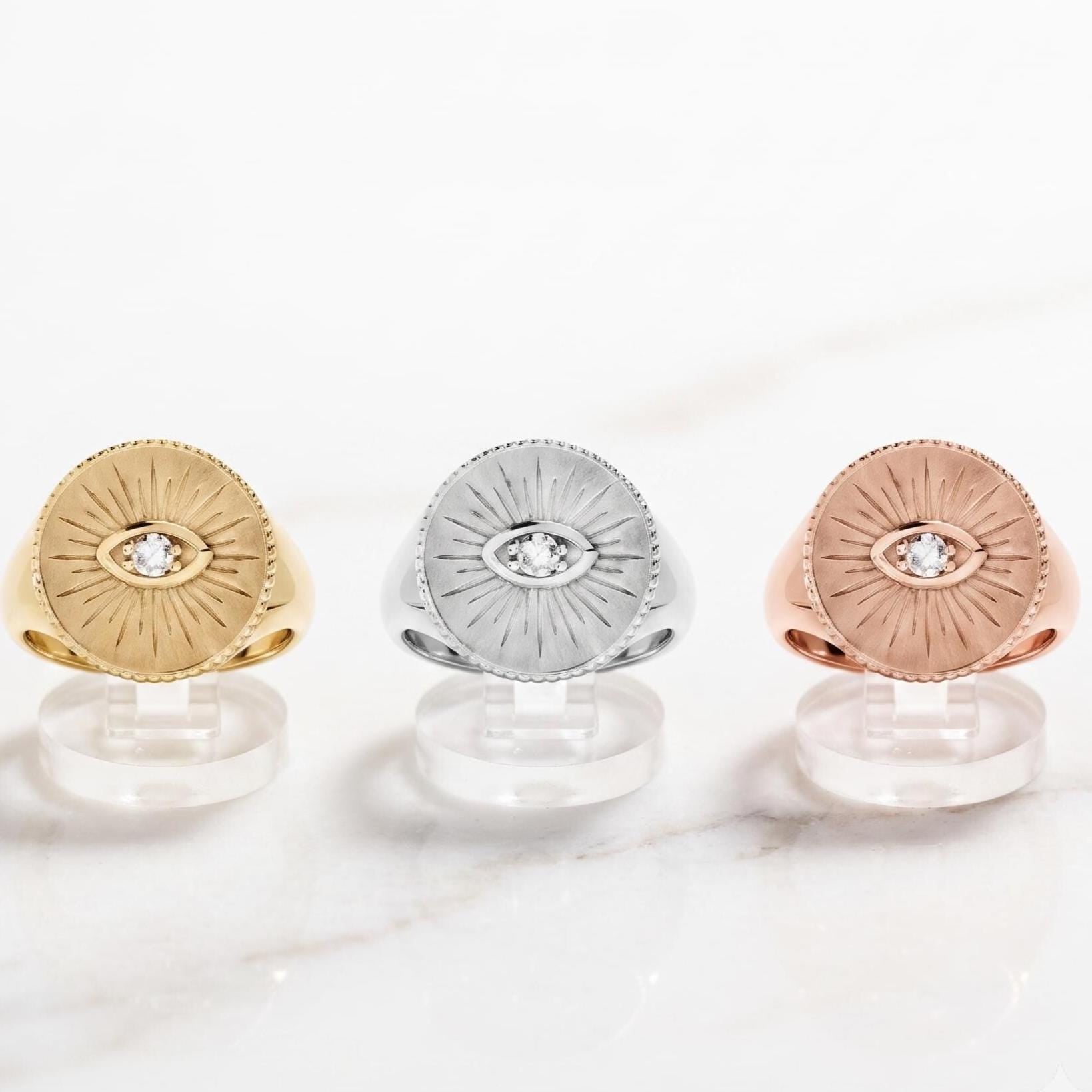 14K Gold Diamond Evil Eye Signet Ring for Women, Celestial Sunburst Design - view 2
