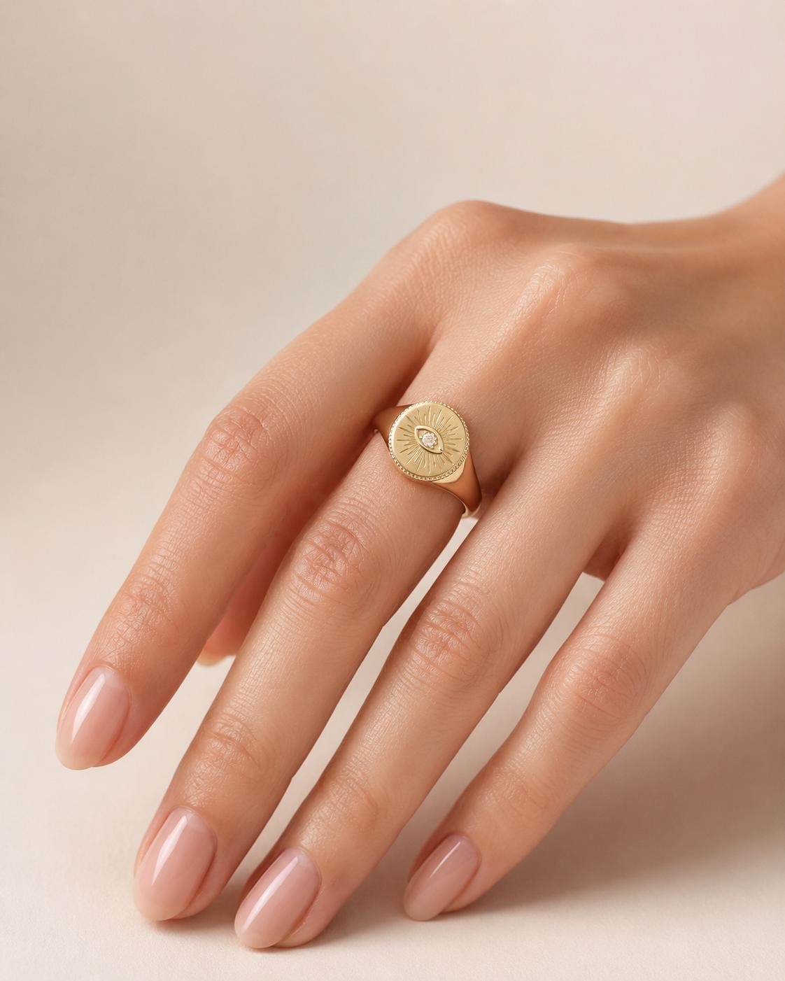14K Gold Diamond Evil Eye Signet Ring for Women, Celestial Sunburst Design - view 3