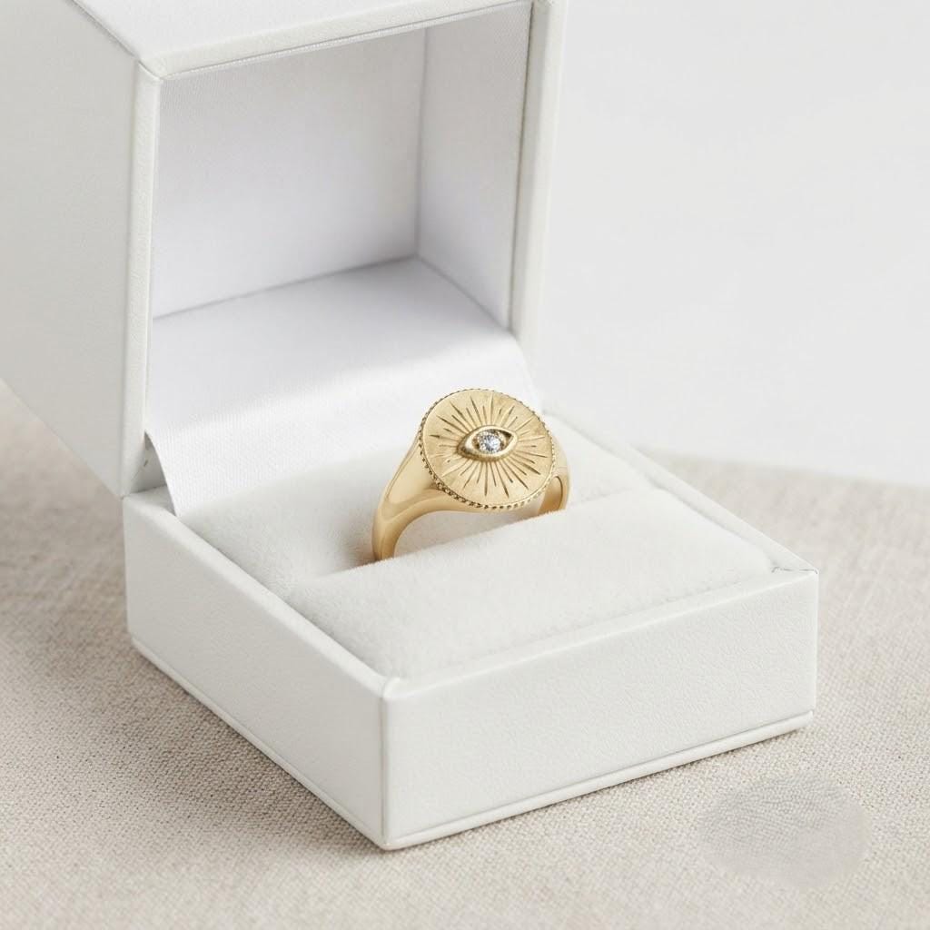 14K Gold Diamond Evil Eye Signet Ring for Women, Celestial Sunburst Design - view 4