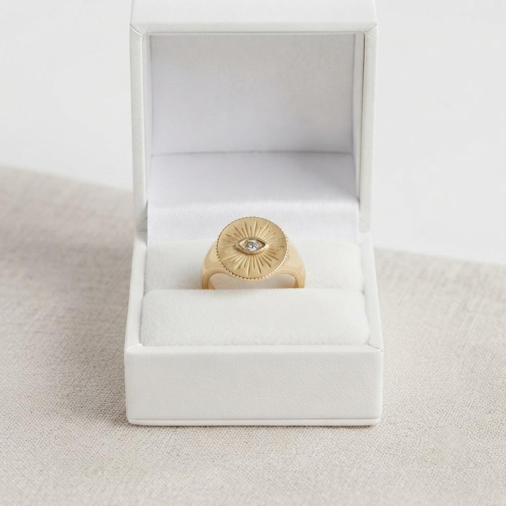 14K Gold Diamond Evil Eye Signet Ring for Women, Celestial Sunburst Design - view 5