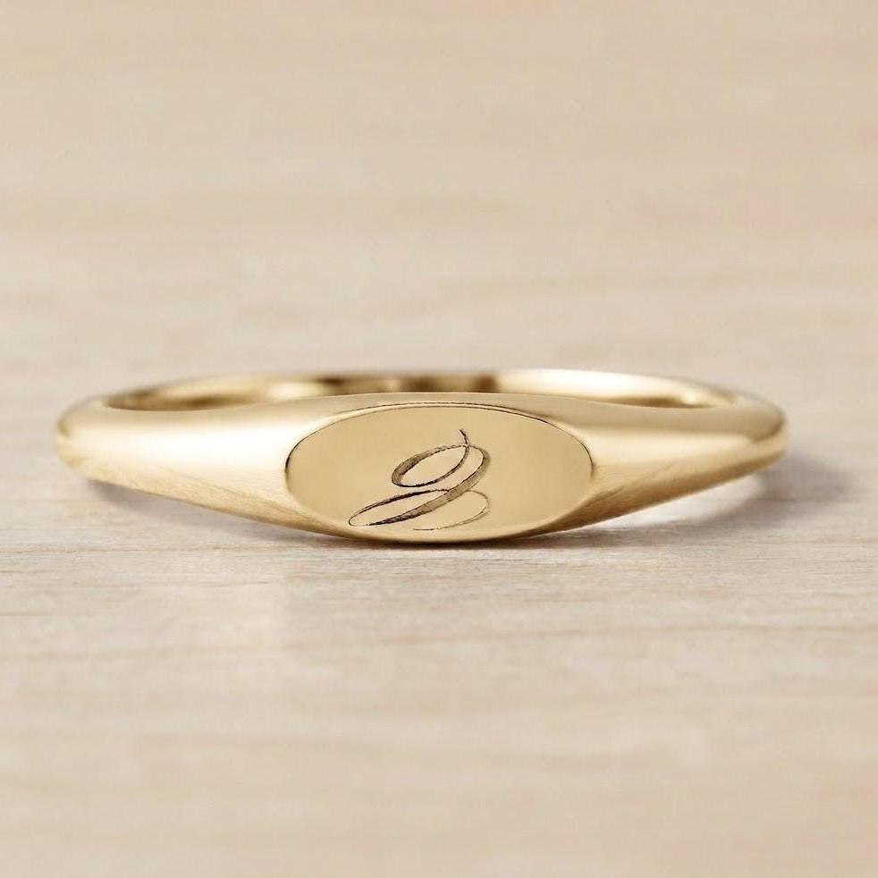 Initial Pinky Signet Ring, Engraved 14K Gold Monogram Custom Name Personalized Dainty Minimalist