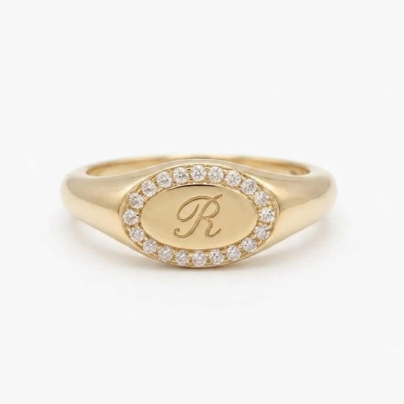Personalized Diamond Signet Ring, Engraved Initial Gold Halo Statement Jewelry
