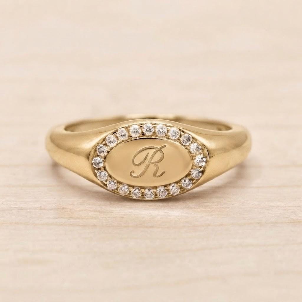 Personalized Diamond Signet Ring, Engraved Initial Gold Halo Statement Jewelry - view 2