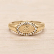 Personalized Diamond Signet Ring, Engraved Initial Gold Halo Statement Jewelry - view 2