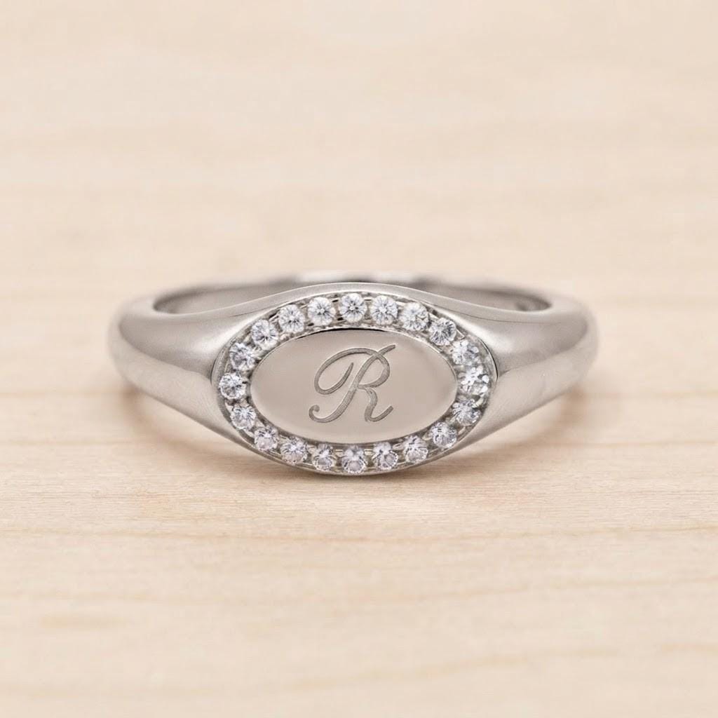 Personalized Diamond Signet Ring, Engraved Initial Gold Halo Statement Jewelry - view 3