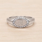 Personalized Diamond Signet Ring, Engraved Initial Gold Halo Statement Jewelry - view 3