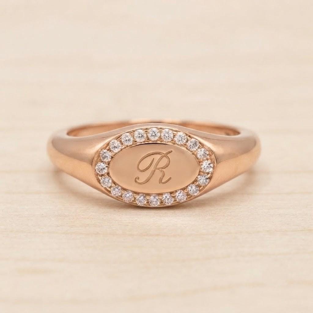 Personalized Diamond Signet Ring, Engraved Initial Gold Halo Statement Jewelry - view 4