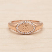 Personalized Diamond Signet Ring, Engraved Initial Gold Halo Statement Jewelry - view 4