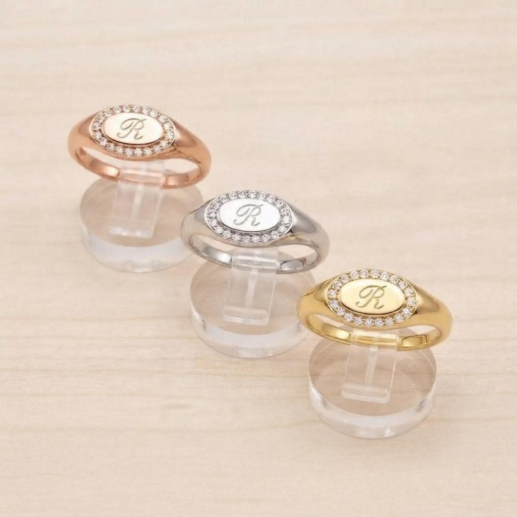 Personalized Diamond Signet Ring, Engraved Initial Gold Halo Statement Jewelry - view 5