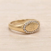 Personalized Diamond Signet Ring, Engraved Initial Gold Halo Statement Jewelry - view 6