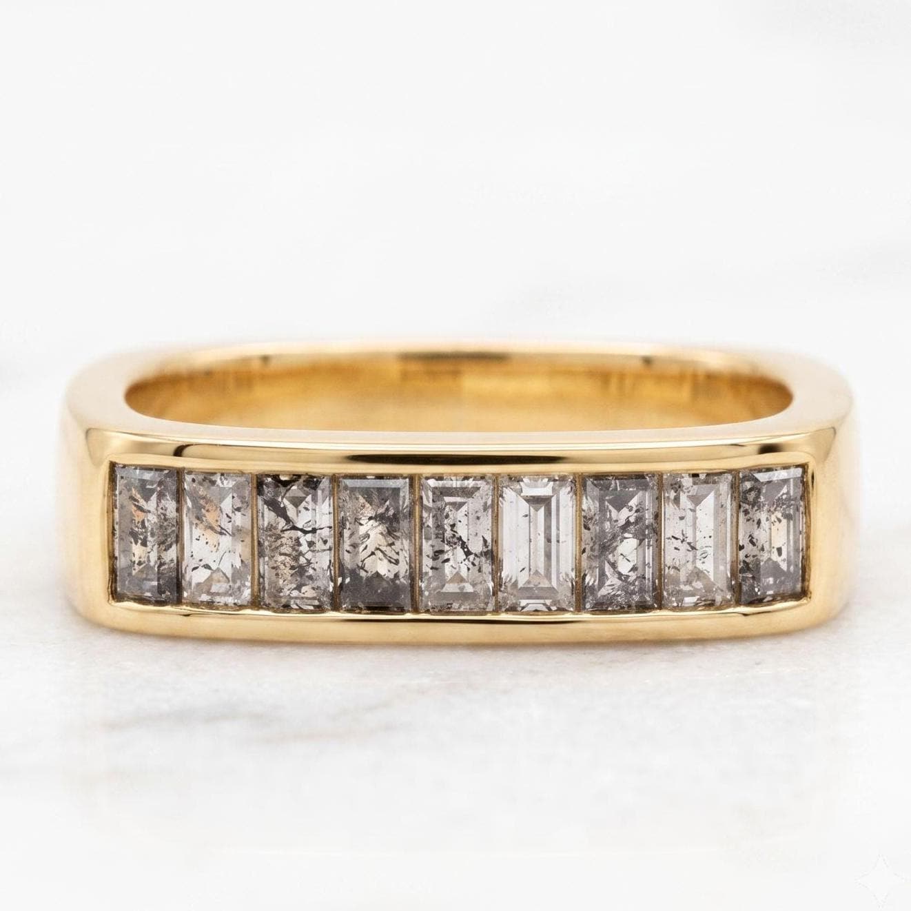 Salt and Pepper Baguette Diamond Wedding Band, Chunky Solid Gold Half Eternity Ring