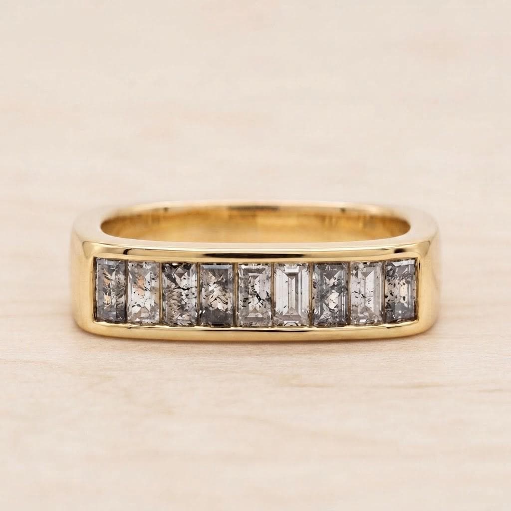 Salt and Pepper Baguette Diamond Wedding Band, Chunky Solid Gold Half Eternity Ring - view 2