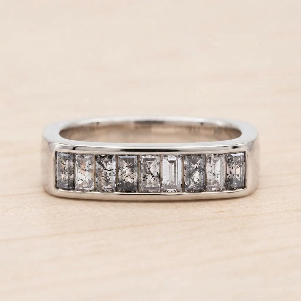Salt and Pepper Baguette Diamond Wedding Band, Chunky Solid Gold Half Eternity Ring - view 3