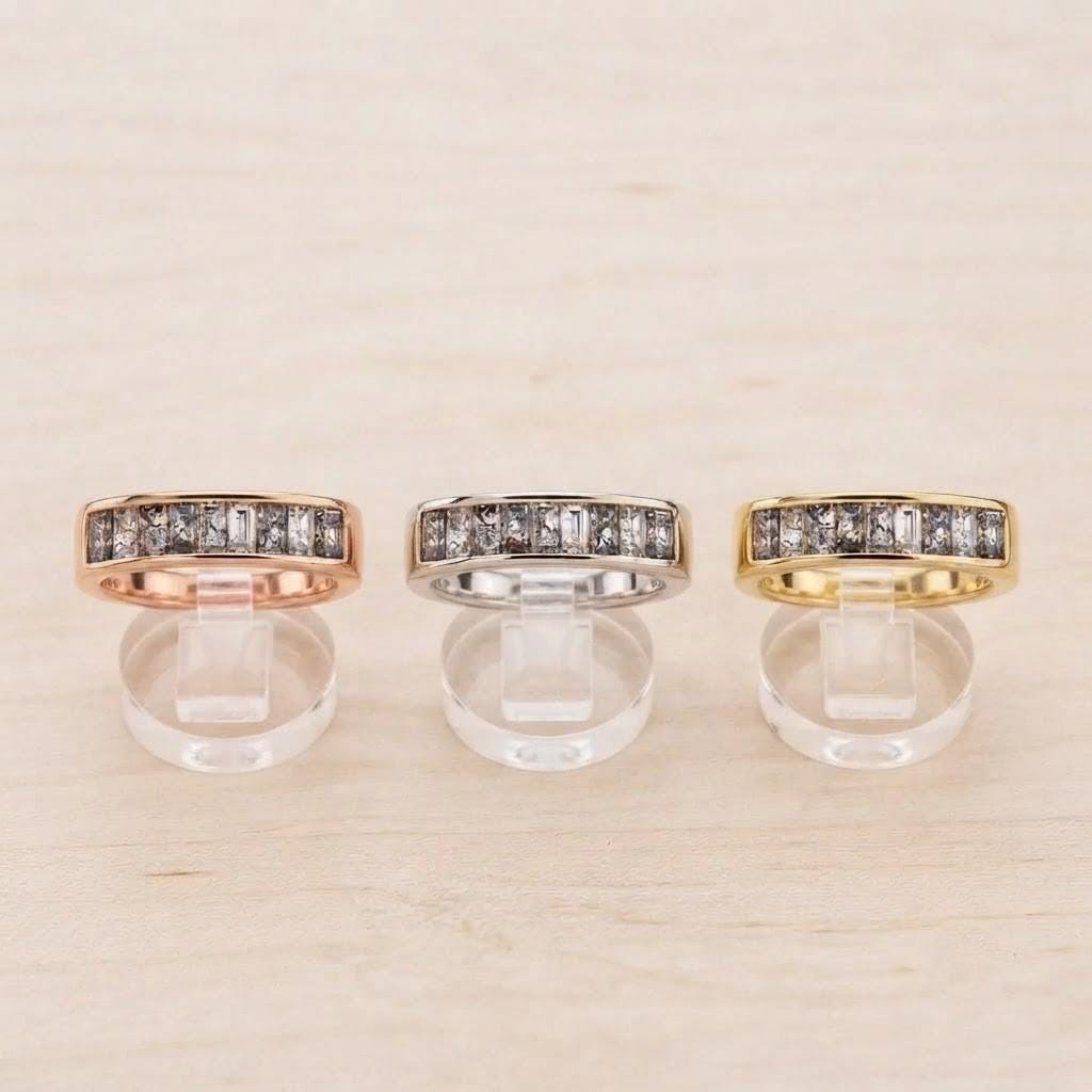 Salt and Pepper Baguette Diamond Wedding Band, Chunky Solid Gold Half Eternity Ring - view 6