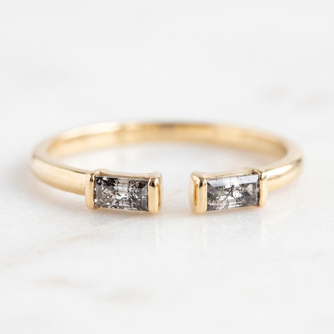 Salt and Pepper Baguette Diamond Open Band, 9K 14K 18K Solid Gold Stacking Ring