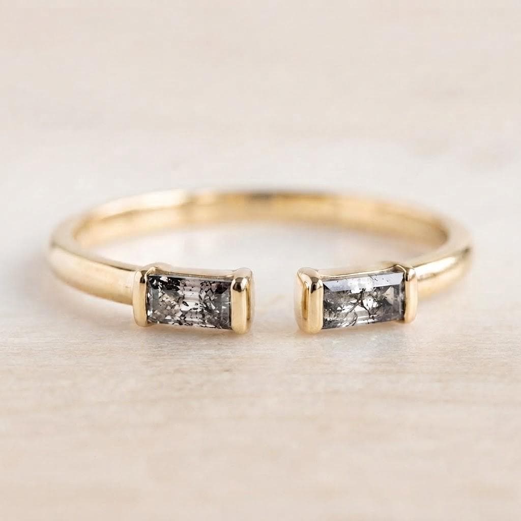 Salt and Pepper Baguette Diamond Open Band, 9K 14K 18K Solid Gold Stacking Ring - view 2