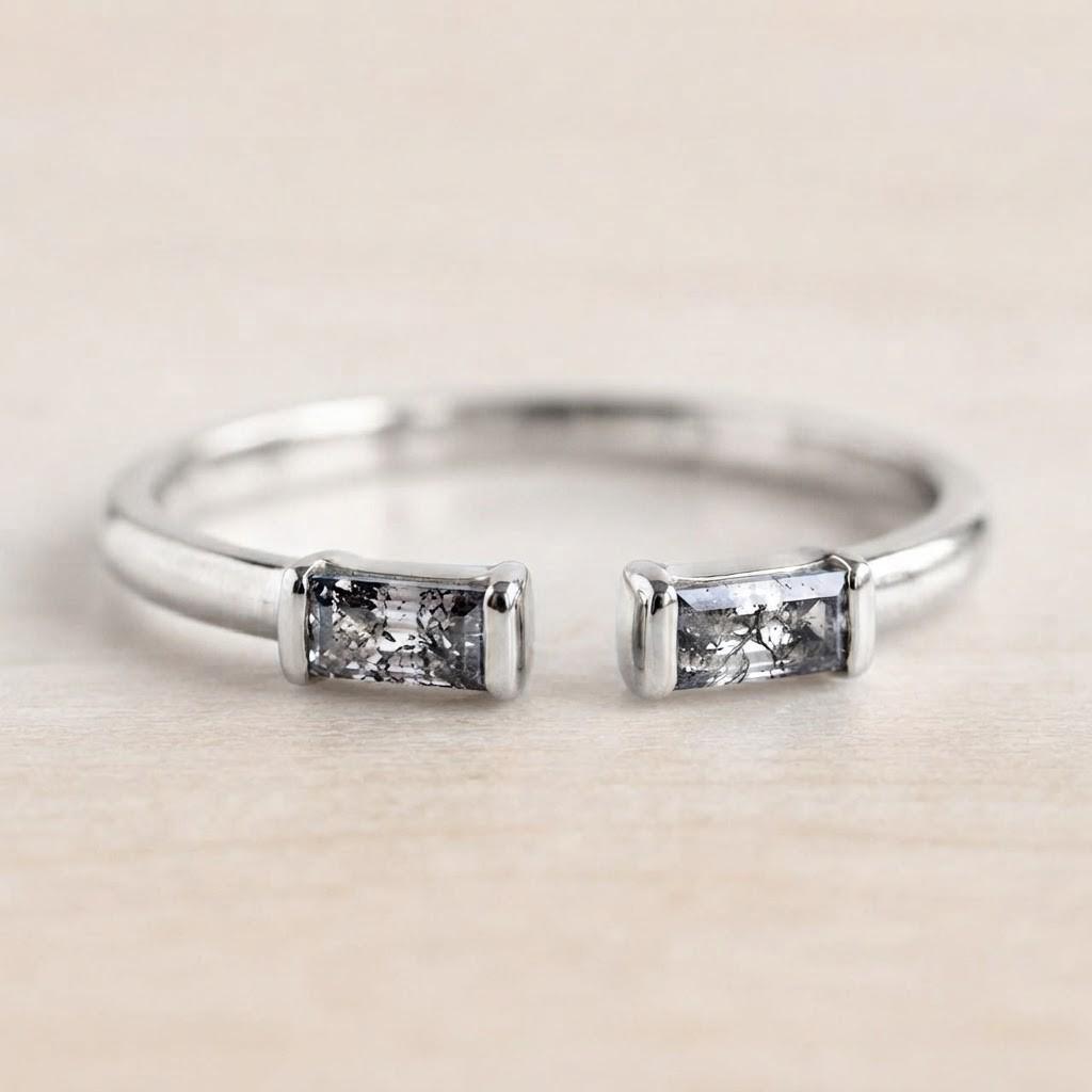Salt and Pepper Baguette Diamond Open Band, 9K 14K 18K Solid Gold Stacking Ring - view 3