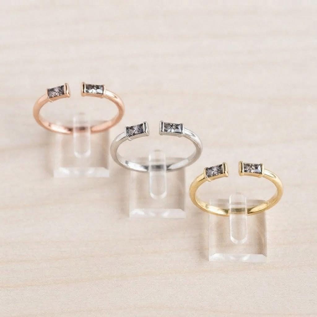 Salt and Pepper Baguette Diamond Open Band, 9K 14K 18K Solid Gold Stacking Ring - view 5