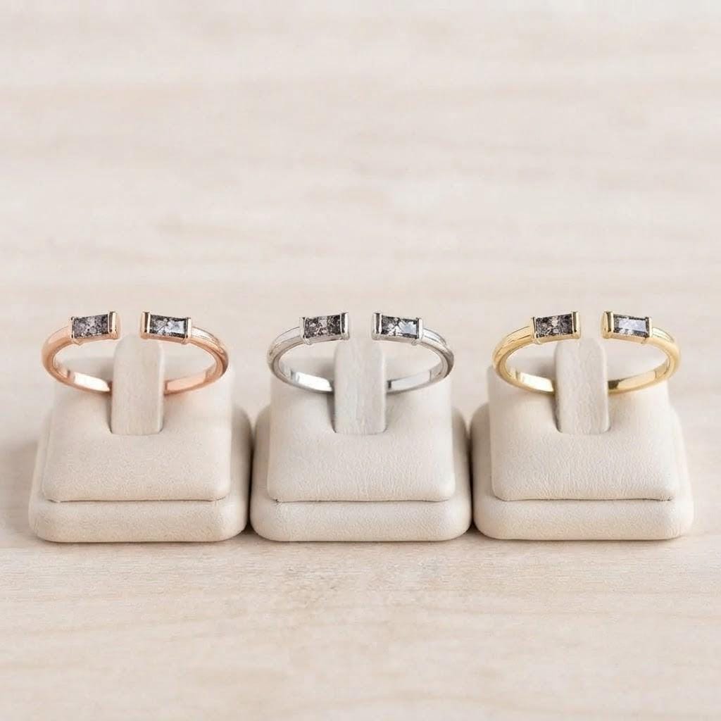 Salt and Pepper Baguette Diamond Open Band, 9K 14K 18K Solid Gold Stacking Ring - view 6