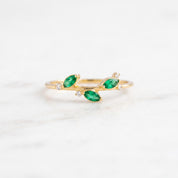 Marquise Emerald Leaf Ring with Diamond Accents, 9K 14K 18K Solid Gold, May Birthstone