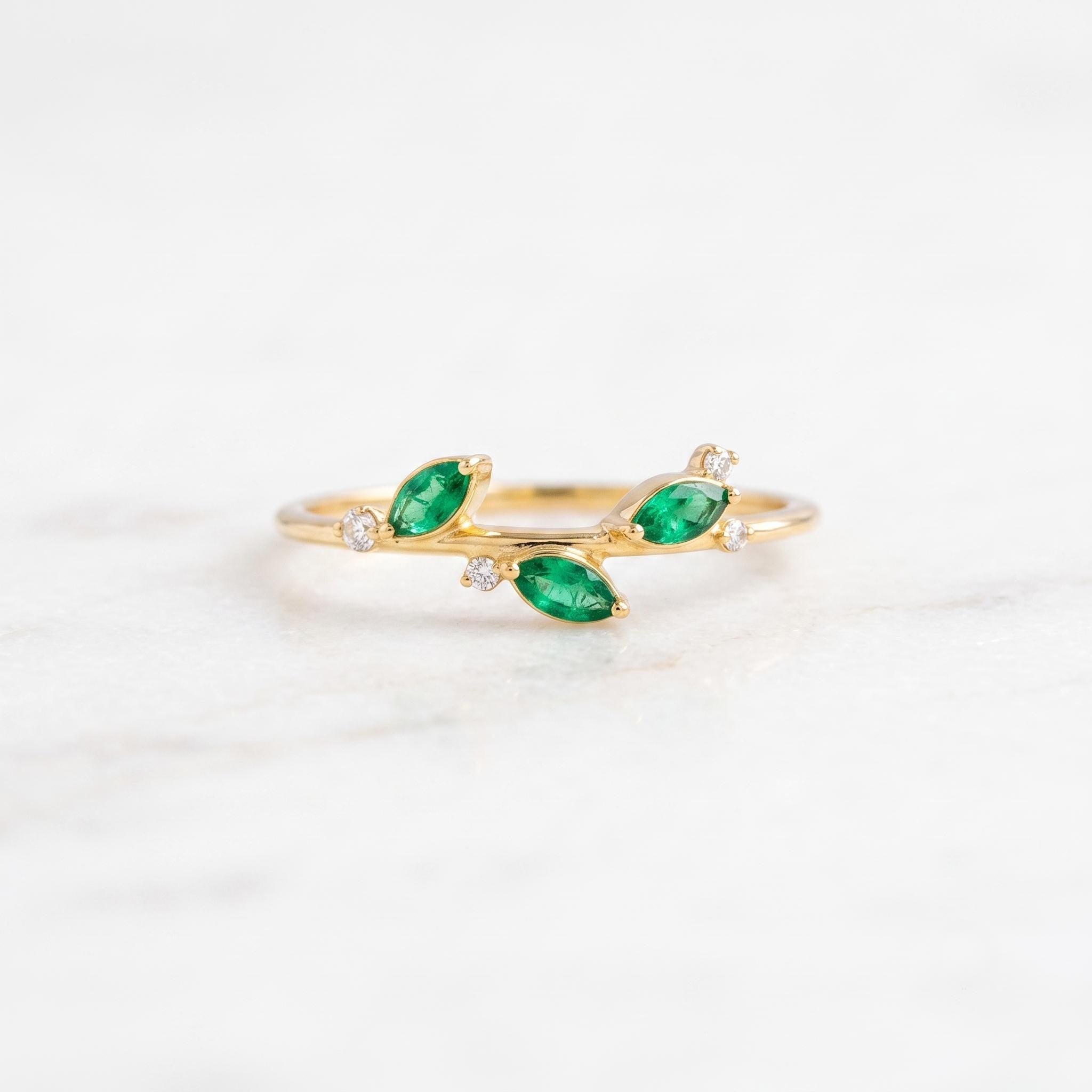 Marquise Emerald Leaf Ring with Diamond Accents, 9K 14K 18K Solid Gold, May Birthstone