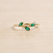 Marquise Emerald Leaf Ring with Diamond Accents, 9K 14K 18K Solid Gold, May Birthstone - view 2
