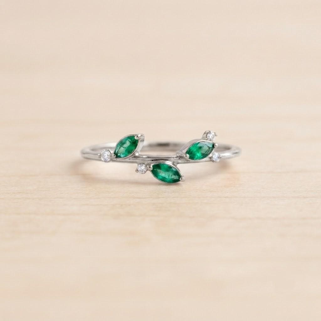 Marquise Emerald Leaf Ring with Diamond Accents, 9K 14K 18K Solid Gold, May Birthstone - view 3
