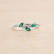 Marquise Emerald Leaf Ring with Diamond Accents, 9K 14K 18K Solid Gold, May Birthstone - view 3