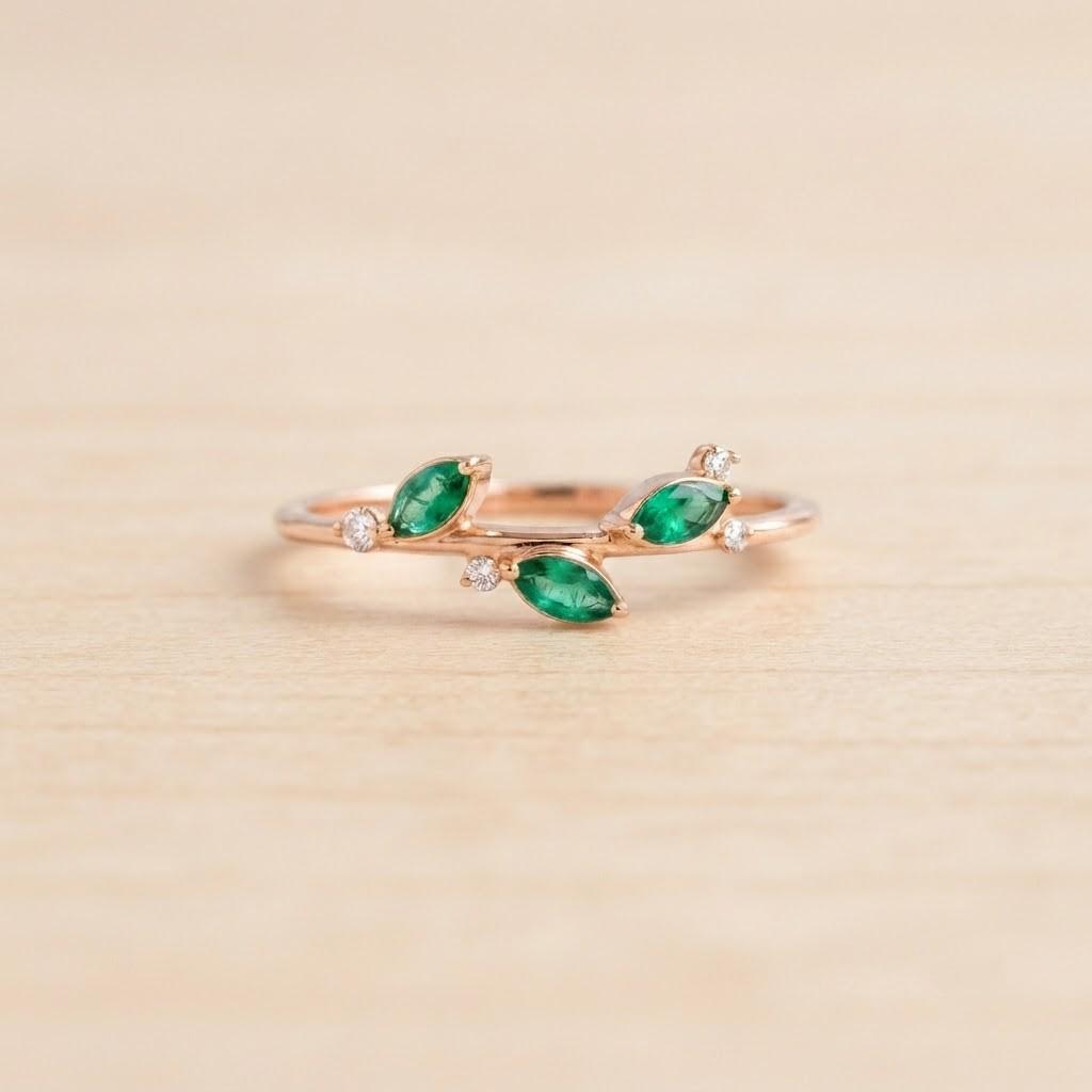 Marquise Emerald Leaf Ring with Diamond Accents, 9K 14K 18K Solid Gold, May Birthstone - view 4