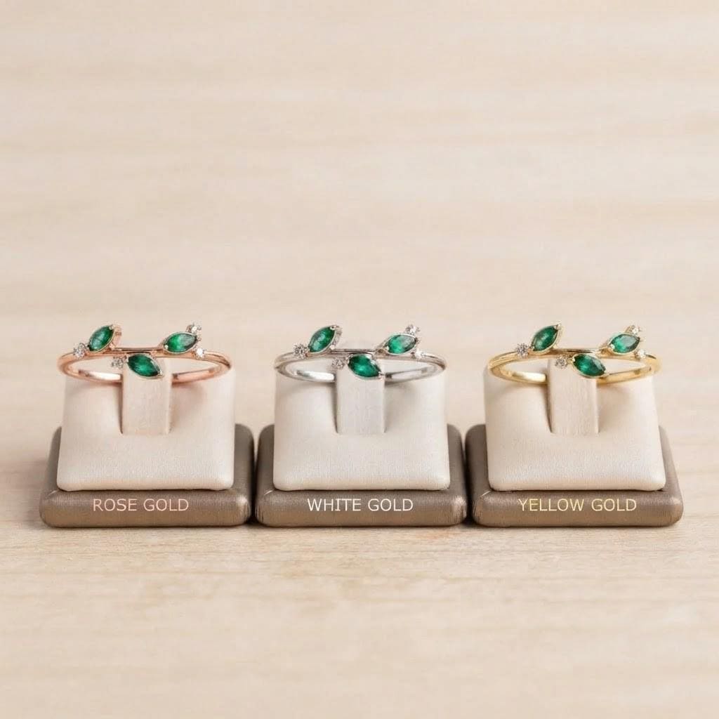 Marquise Emerald Leaf Ring with Diamond Accents, 9K 14K 18K Solid Gold, May Birthstone - view 5