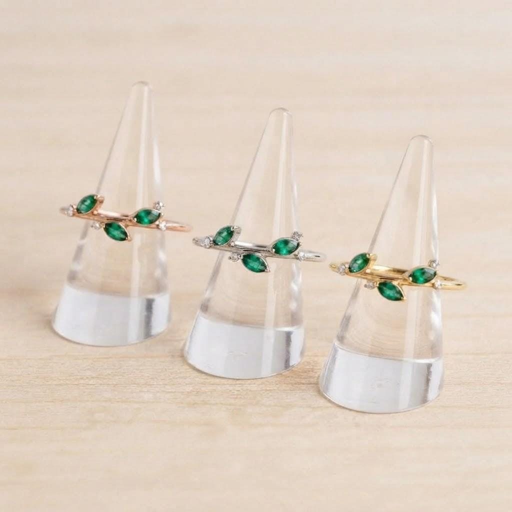 Marquise Emerald Leaf Ring with Diamond Accents, 9K 14K 18K Solid Gold, May Birthstone - view 6