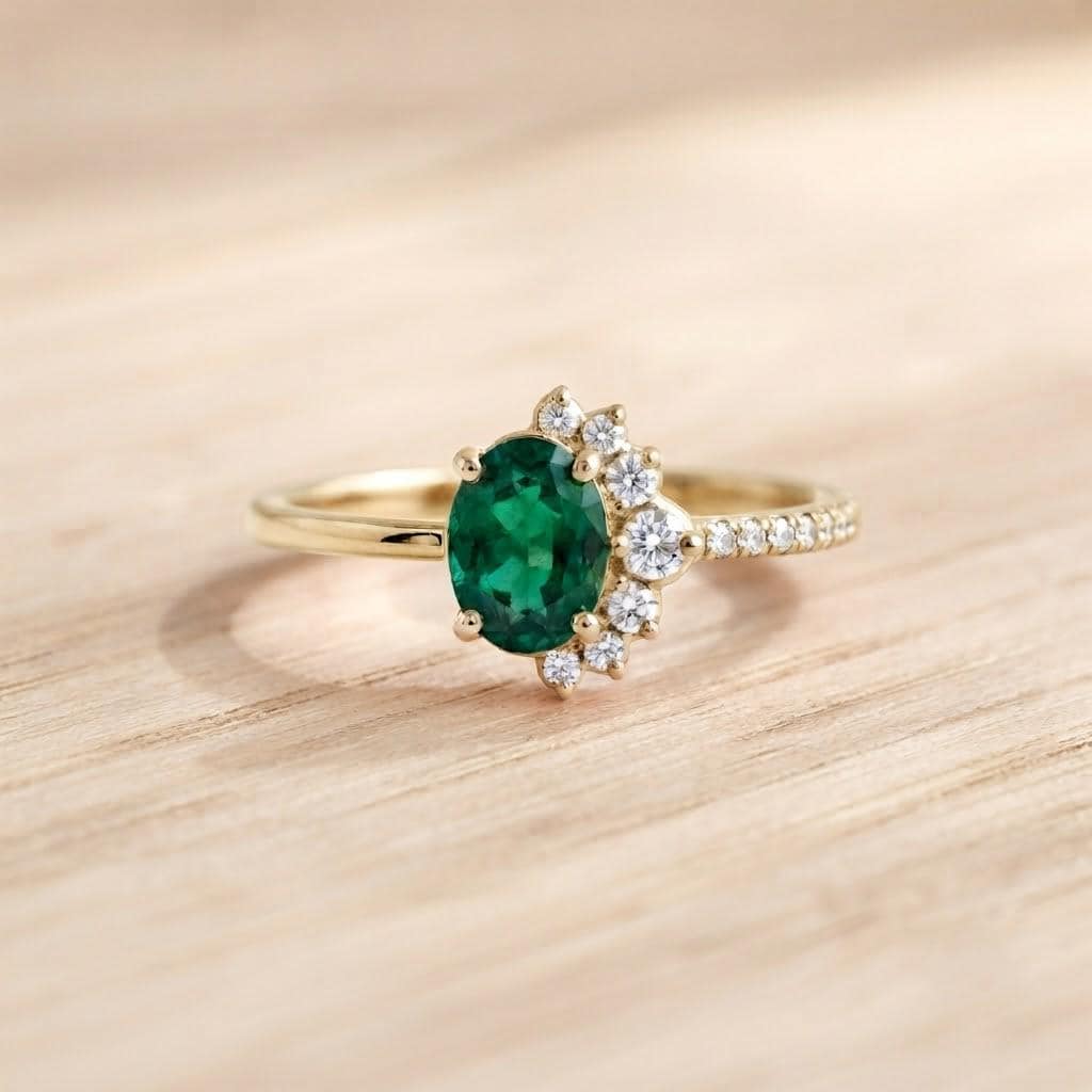 Cluster emerald and diamond engagement ring in solid gold, 9k, 14k, 18k - view 3