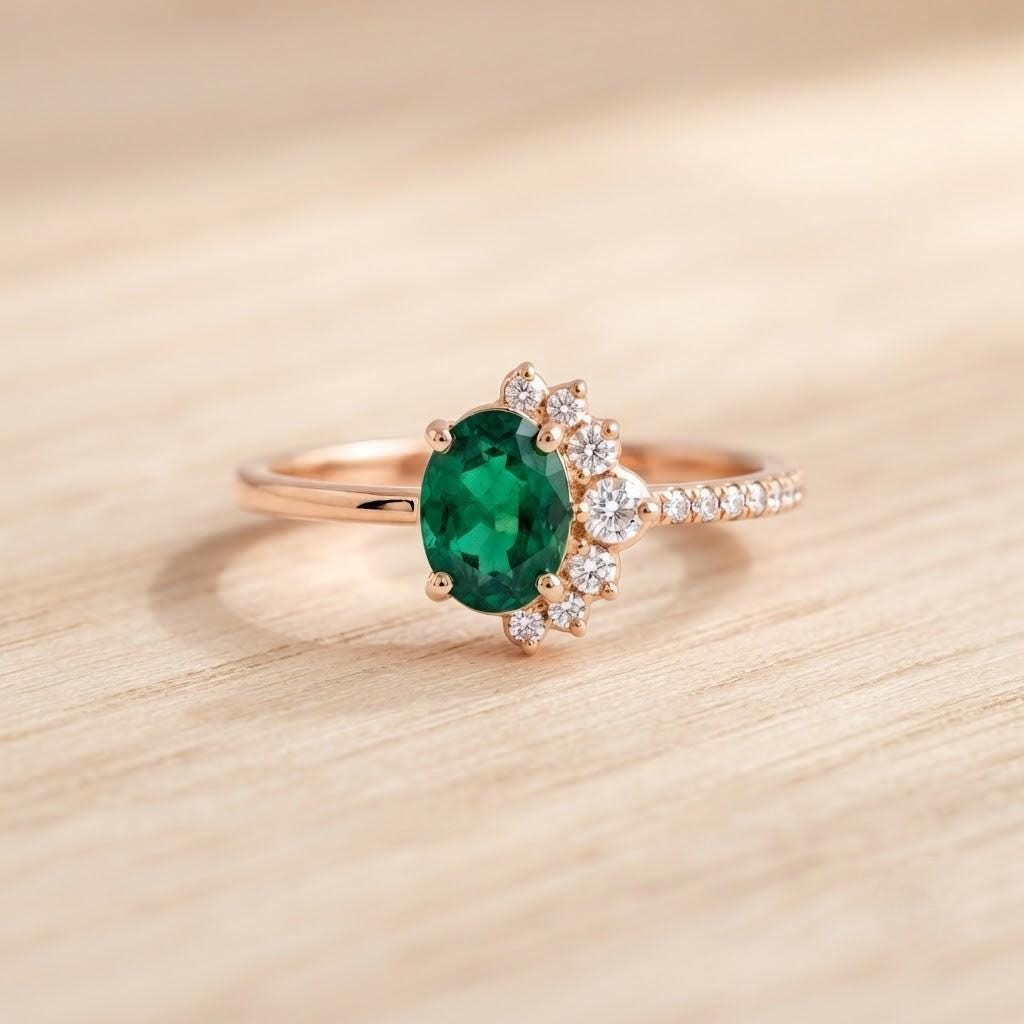 Cluster emerald and diamond engagement ring in solid gold, 9k, 14k, 18k - view 5