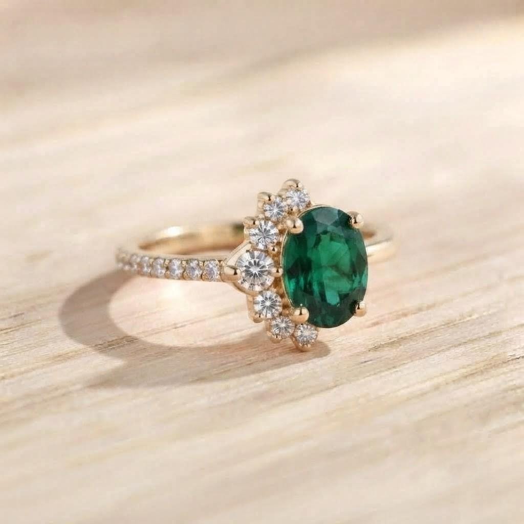 Cluster emerald and diamond engagement ring in solid gold, 9k, 14k, 18k - view 7