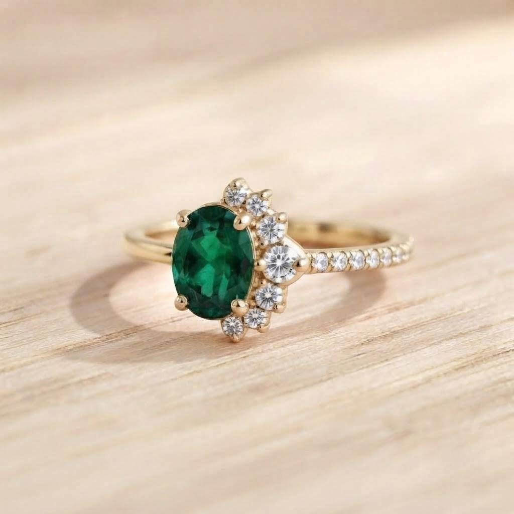 Cluster emerald and diamond engagement ring in solid gold, 9k, 14k, 18k - view 8